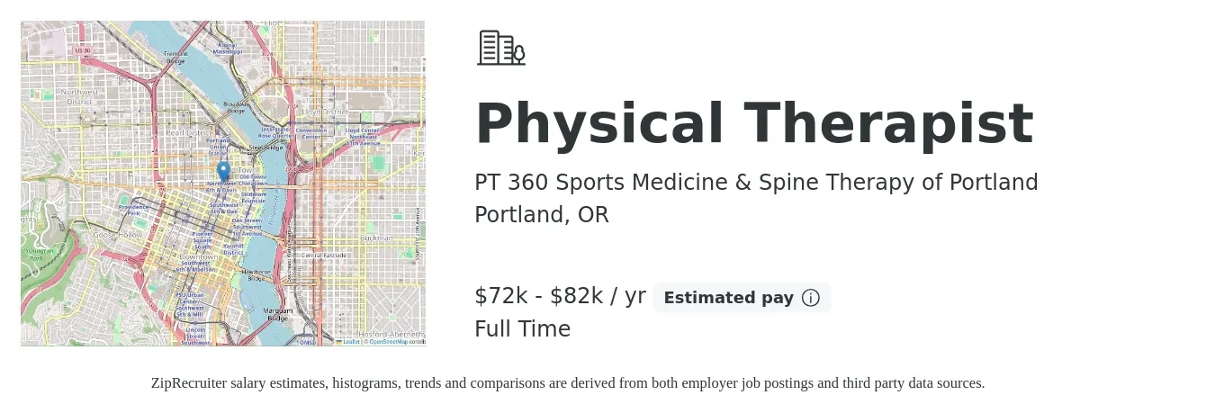 PT 360 Sports Medicine & Spine Therapy of Portland job posting for a Physical Therapist in Portland, OR with a salary of $72,500 to $82,500 Yearly with a map of Portland location.
