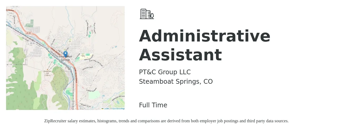 PT&C Group LLC job posting for a Administrative Assistant in Steamboat Springs, CO with a salary of $19 to $26 Hourly with a map of Steamboat Springs location.
