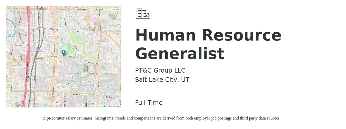 PT&C Group LLC job posting for a Human Resource Generalist in Salt Lake City, UT with a salary of $50,300 to $71,600 Yearly with a map of Salt Lake City location.