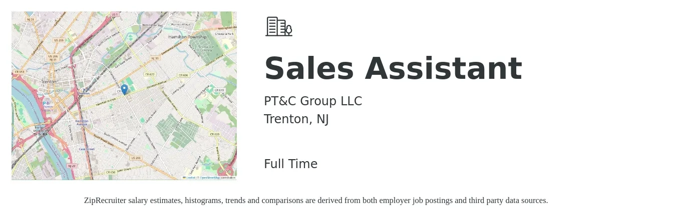 PT&C Group LLC job posting for a Sales Assistant in Trenton, NJ with a salary of $19 to $24 Hourly with a map of Trenton location.