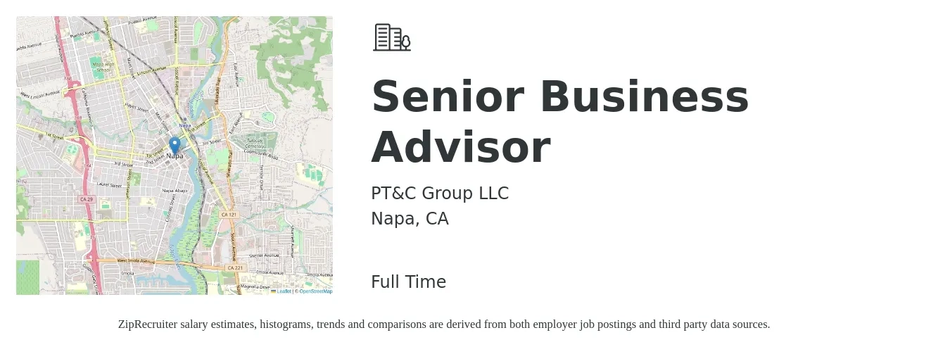 PT&C Group LLC job posting for a Senior Business Advisor in Napa, CA with a salary of $96,300 to $121,000 Yearly with a map of Napa location.