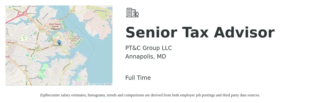 PT&C Group LLC job posting for a Senior Tax Advisor in Annapolis, MD with a salary of $90,100 to $142,500 Yearly with a map of Annapolis location.