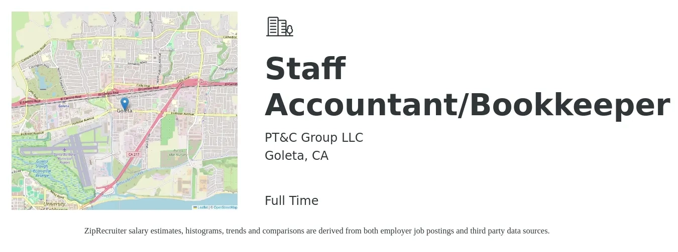 PT&C Group LLC job posting for a Staff Accountant/Bookkeeper in Goleta, CA with a salary of $49,100 to $68,500 Yearly with a map of Goleta location.