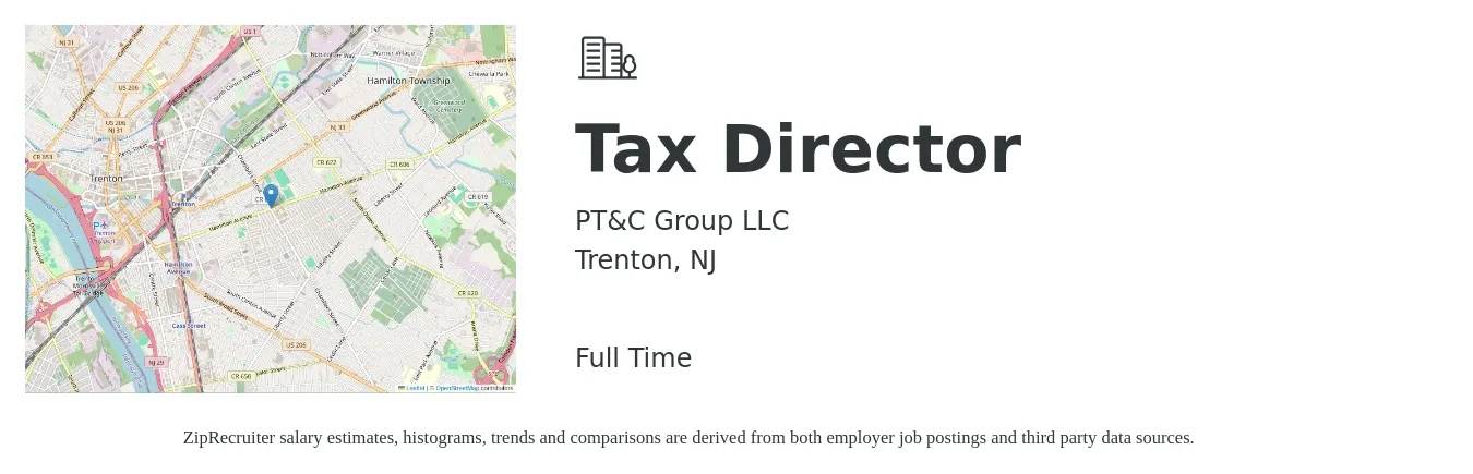 PT&C Group LLC job posting for a Tax Director in Trenton, NJ with a salary of $157,900 to $222,100 Yearly with a map of Trenton location.