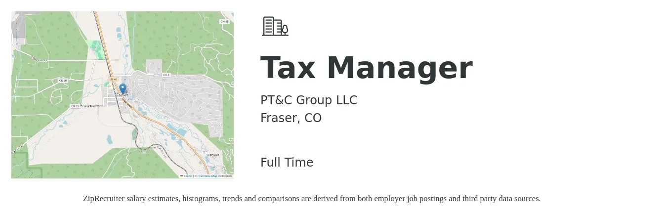 PT&C Group LLC job posting for a Tax Manager in Fraser, CO with a salary of $119,600 to $156,700 Yearly with a map of Fraser location.