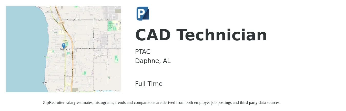 PTAC job posting for a CAD Technician in Daphne, AL with a salary of $19 to $28 Hourly with a map of Daphne location.