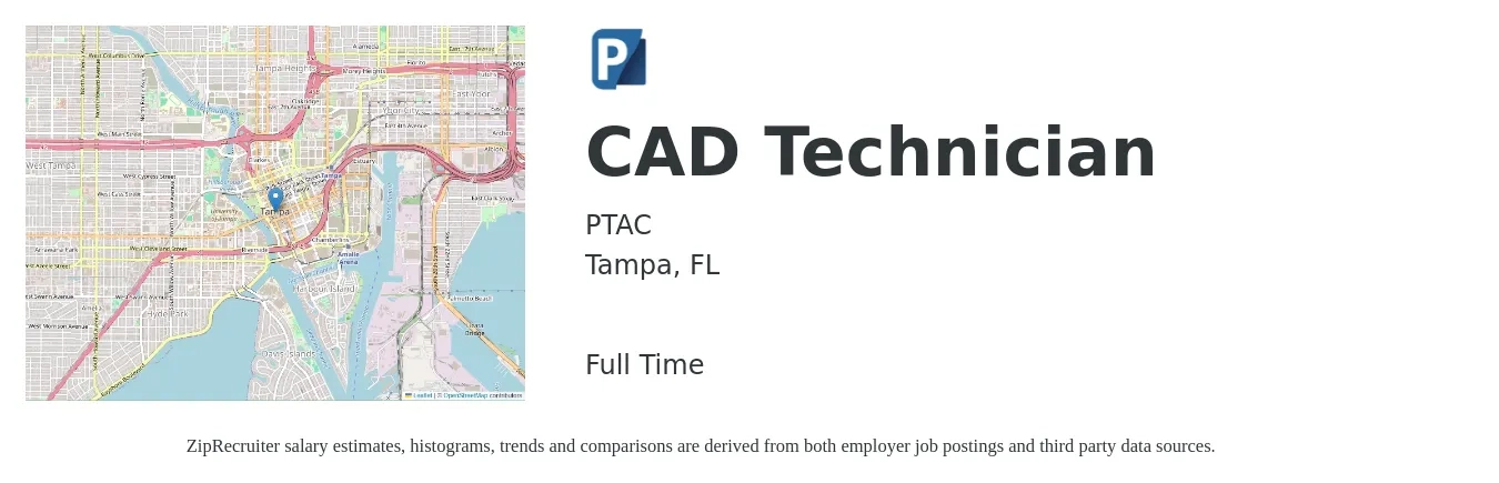 PTAC job posting for a CAD Technician in Tampa, FL with a salary of $21 to $30 Hourly with a map of Tampa location.