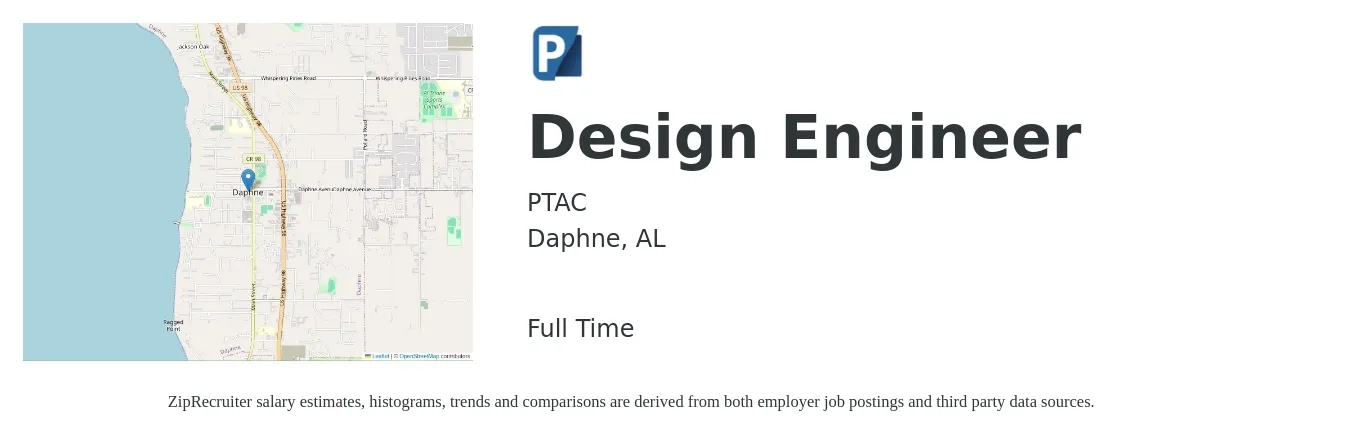 PTAC job posting for a Design Engineer in Daphne, AL with a salary of $59,100 to $85,700 Yearly with a map of Daphne location.
