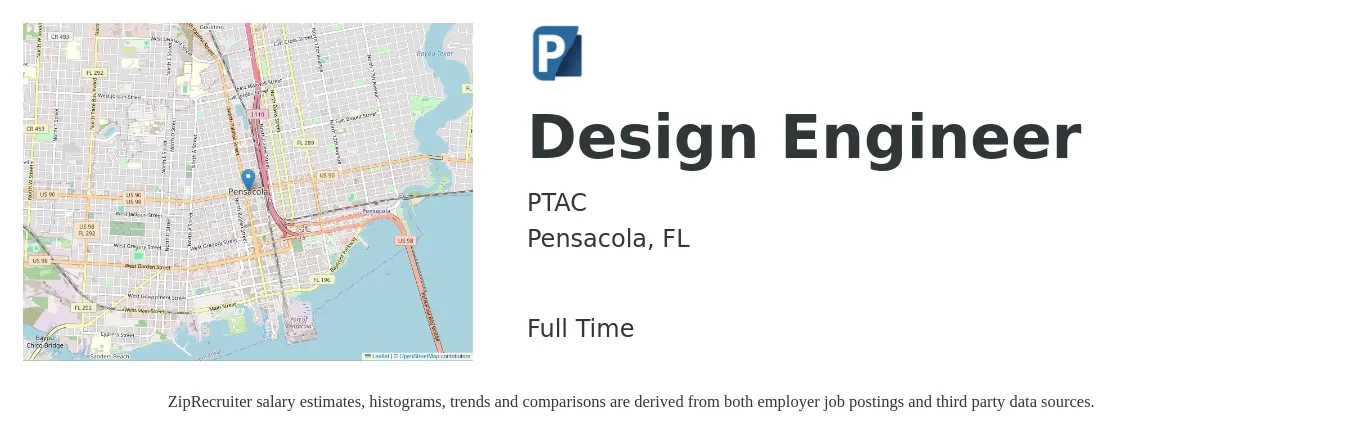PTAC job posting for a Design Engineer in Pensacola, FL with a salary of $64,100 to $92,800 Yearly with a map of Pensacola location.