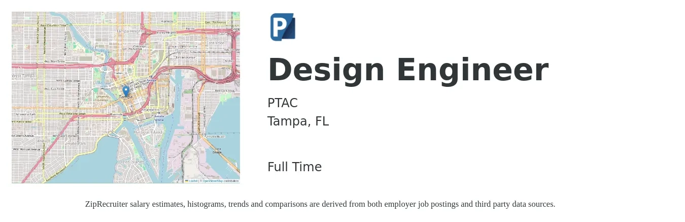 PTAC job posting for a Design Engineer in Tampa, FL with a salary of $64,300 to $93,100 Yearly with a map of Tampa location.
