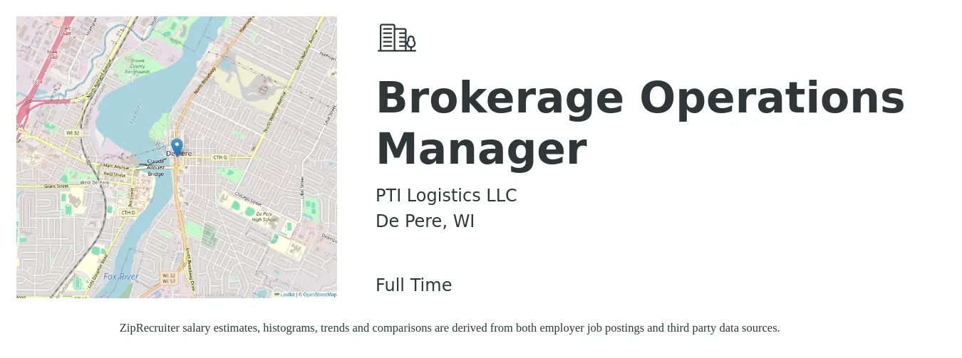 PTI Logistics LLC job posting for a Brokerage Operations Manager in De Pere, WI with a salary of $39,500 to $74,700 Yearly with a map of De Pere location.