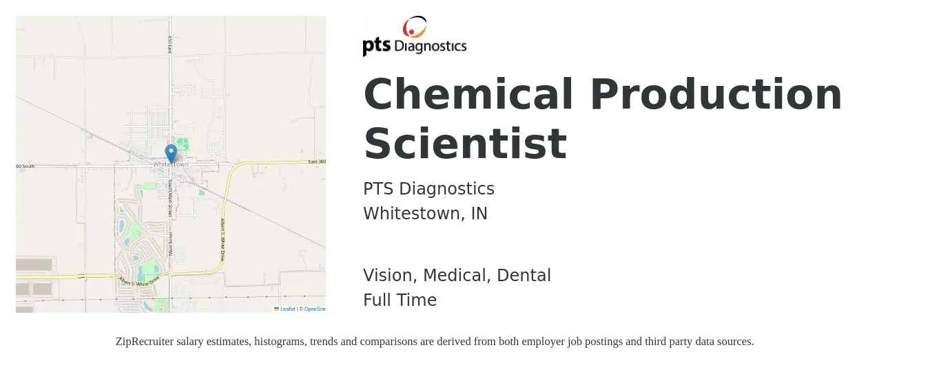 PTS Diagnostics job posting for a Chemical Production Scientist in Whitestown, IN with a salary of $16 to $24 Hourly and benefits including retirement, vision, dental, life_insurance, medical, and pto with a map of Whitestown location.