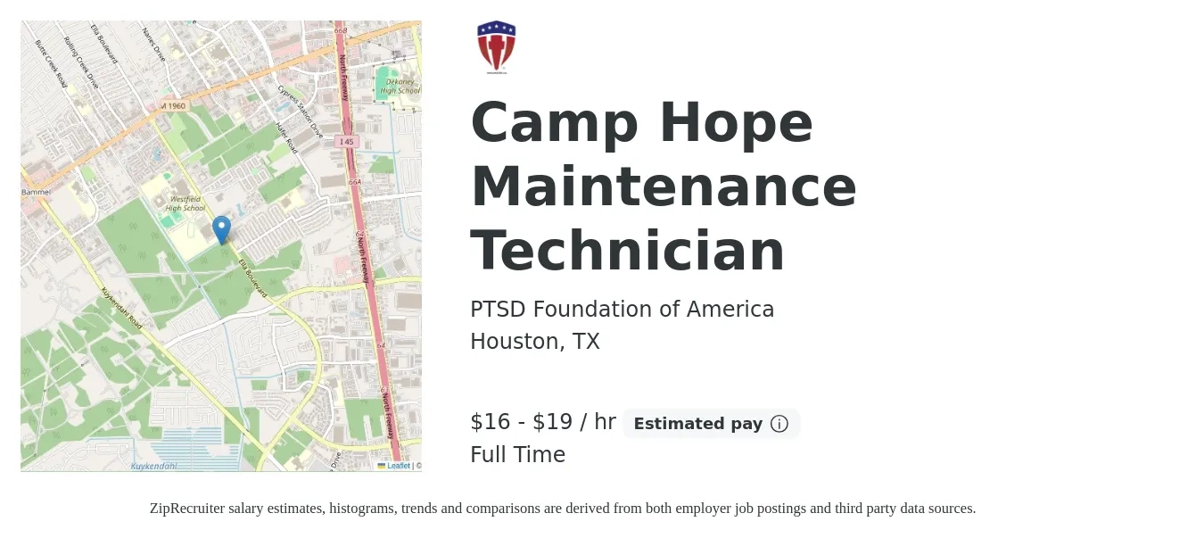 PTSD Foundation of America job posting for a Camp Hope Maintenance Technician in Houston, TX with a salary of $18 to $20 Hourly with a map of Houston location.