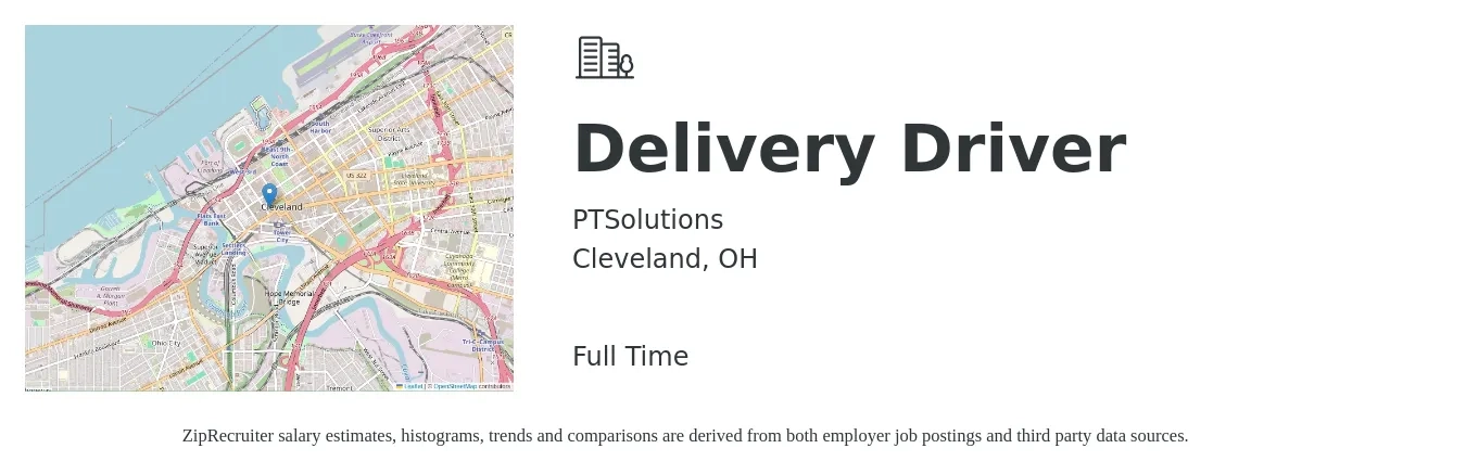 PTSolutions job posting for a Delivery Driver in Cleveland, OH with a salary of $16 to $20 Hourly with a map of Cleveland location.
