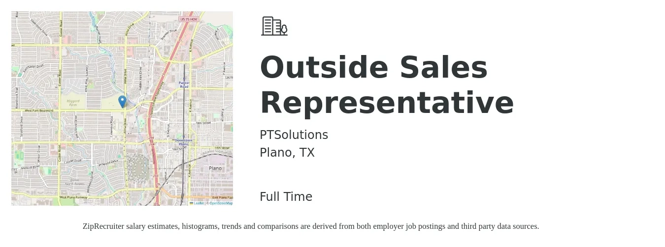 PTSolutions job posting for a Outside Sales Representative in Plano, TX with a salary of $50,300 to $86,300 Yearly with a map of Plano location.