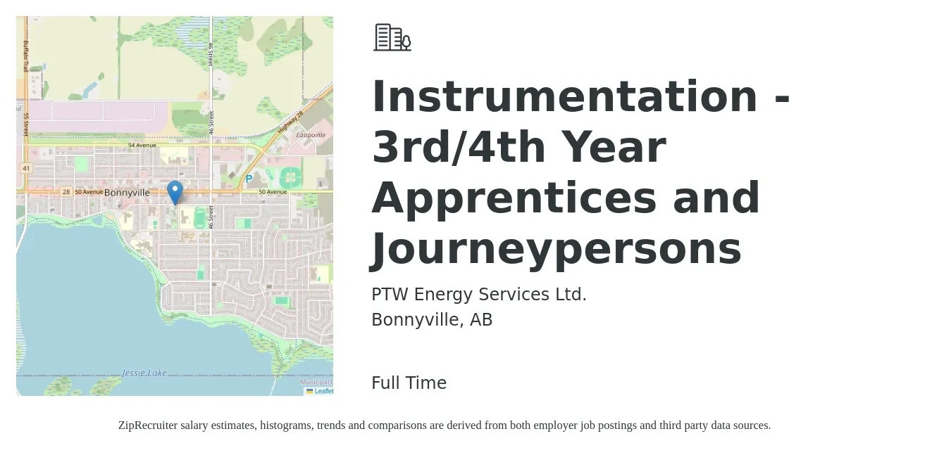 PTW Energy Services Ltd. job posting for a Instrumentation - 3rd/4th Year Apprentices and Journeypersons in Bonnyville, AB with a map of Bonnyville location.