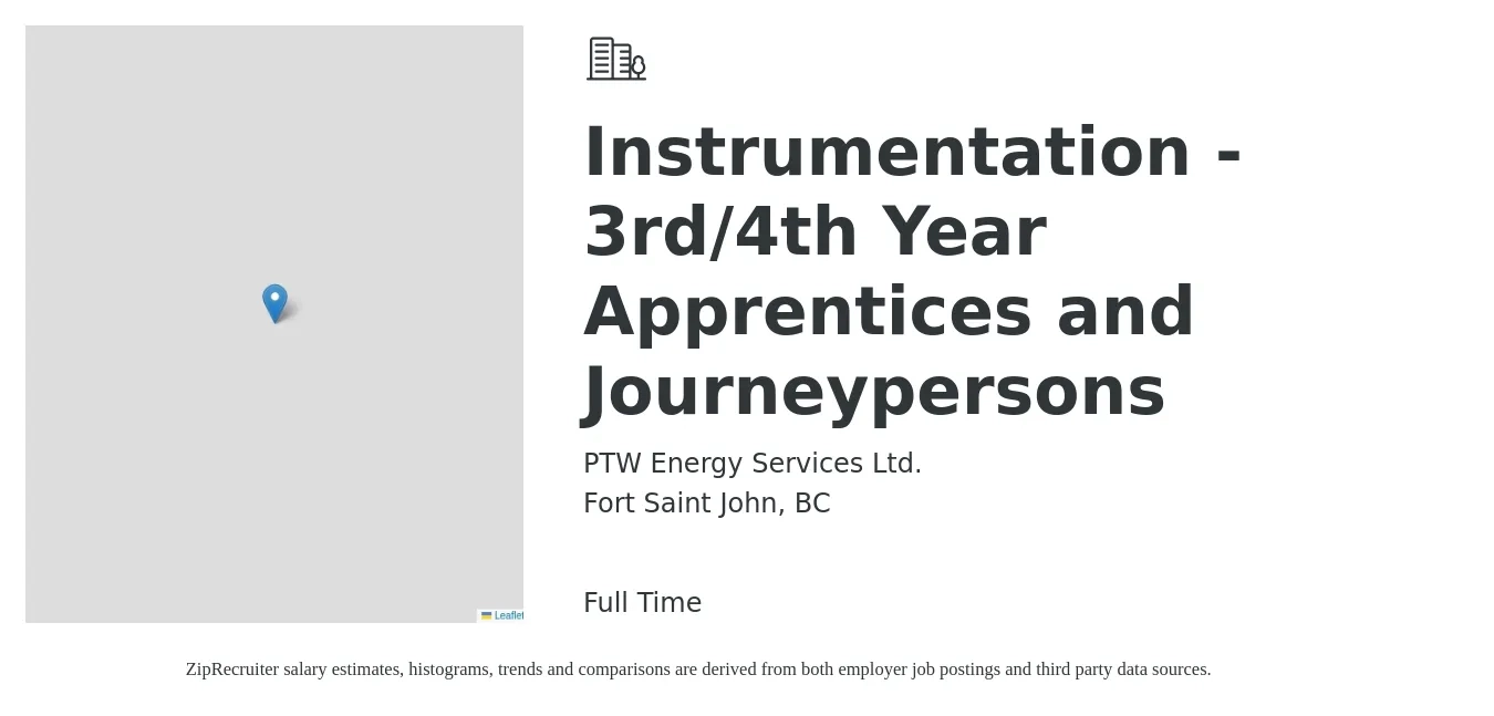 PTW Energy Services Ltd. job posting for a Instrumentation - 3rd/4th Year Apprentices and Journeypersons in Fort Saint John, BC with a map of Fort Saint John location.