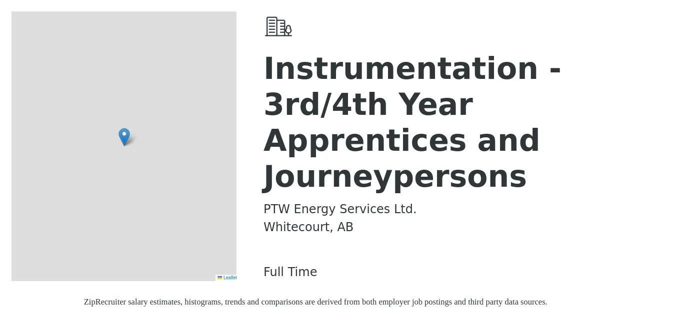 PTW Energy Services Ltd. job posting for a Instrumentation - 3rd/4th Year Apprentices and Journeypersons in Whitecourt, AB with a map of Whitecourt location.
