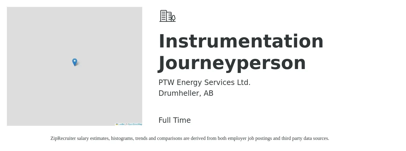 PTW Energy Services Ltd. job posting for a Instrumentation Journeyperson in Drumheller, AB with a map of Drumheller location.