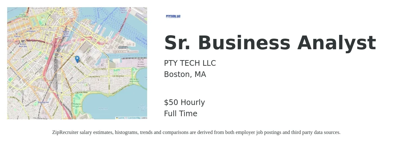PTY TECH LLC job posting for a Sr. Business Analyst in Boston, MA with a salary of $100,800 to $130,200 Yearly with a map of Boston location.