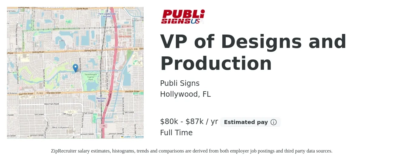Publi Signs job posting for a VP of Designs and Production in Hollywood, FL with a salary of $80,000 to $87,000 Yearly with a map of Hollywood location.