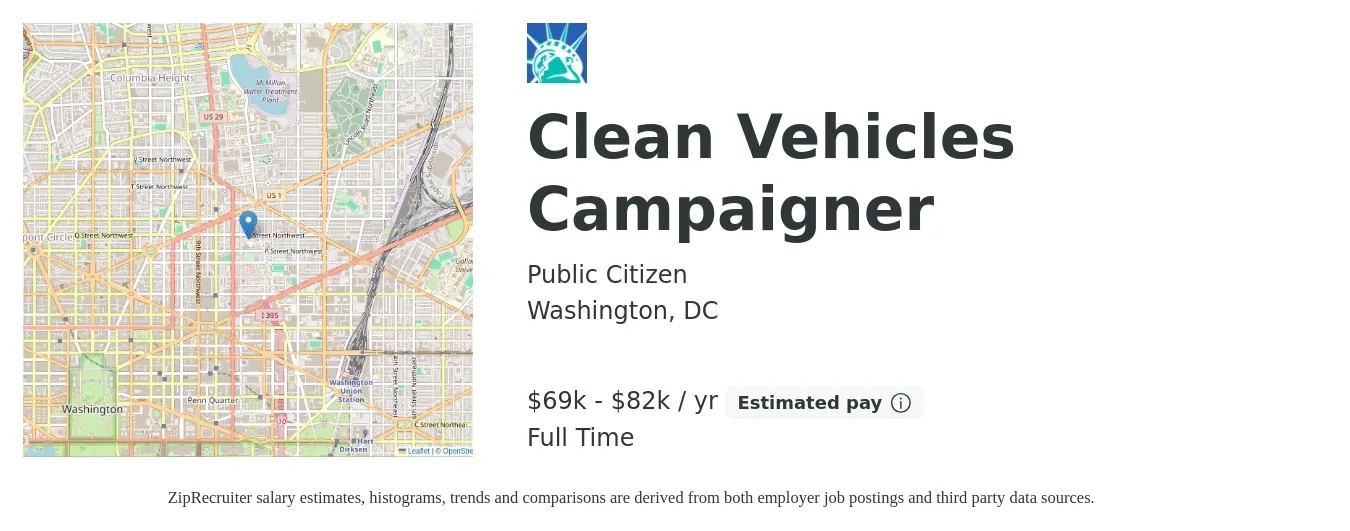 Public Citizen job posting for a Clean Vehicles Campaigner in Washington, DC with a salary of $69,179 to $82,200 Yearly with a map of Washington location.
