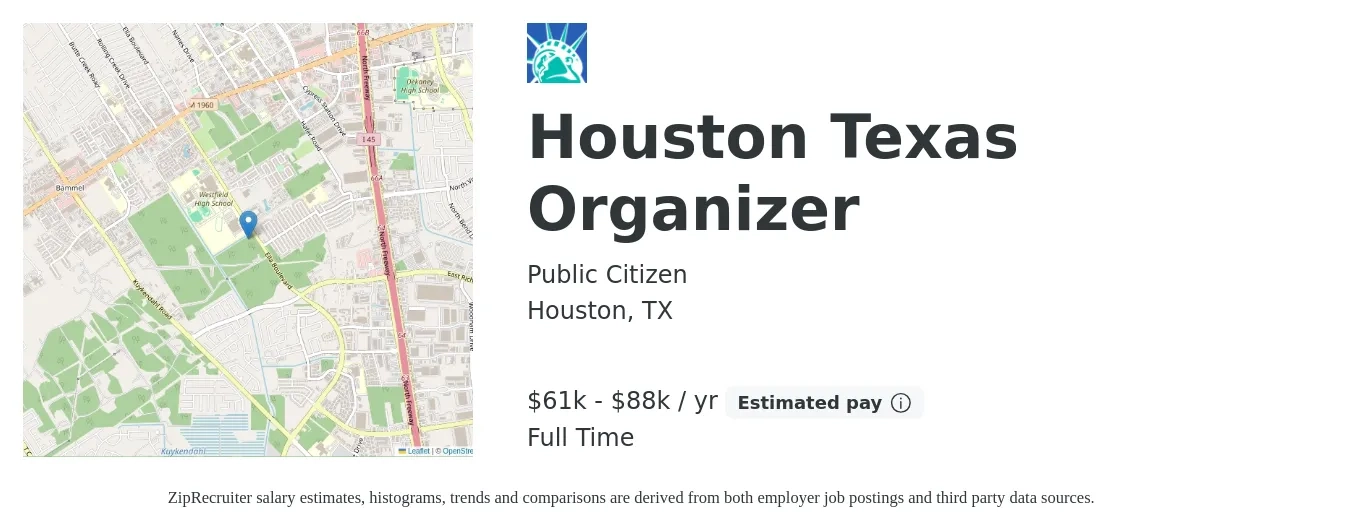 Public Citizen job posting for a Houston Texas Organizer in Houston, TX with a salary of $61,068 to $88,365 Yearly with a map of Houston location.