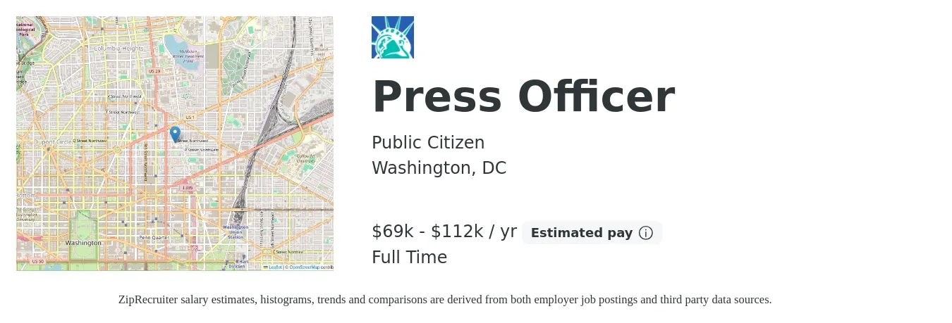 Public Citizen job posting for a Press Officer in Washington, DC with a salary of $69,391 to $112,645 Yearly with a map of Washington location.