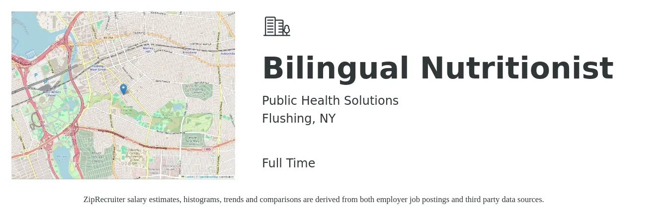 Public Health Solutions job posting for a Bilingual Nutritionist in Flushing, NY with a salary of $46,750 to $49,500 Yearly with a map of Flushing location.