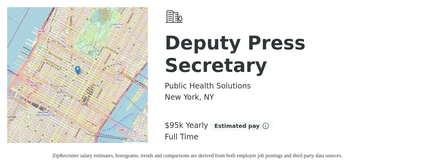 Public Health Solutions job posting for a Deputy Press Secretary in New York, NY with a salary of $95,000 Yearly with a map of New York location.