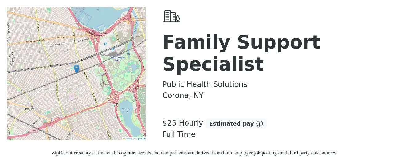 Public Health Solutions job posting for a Family Support Specialist in Corona, NY with a salary of $26 Hourly with a map of Corona location.