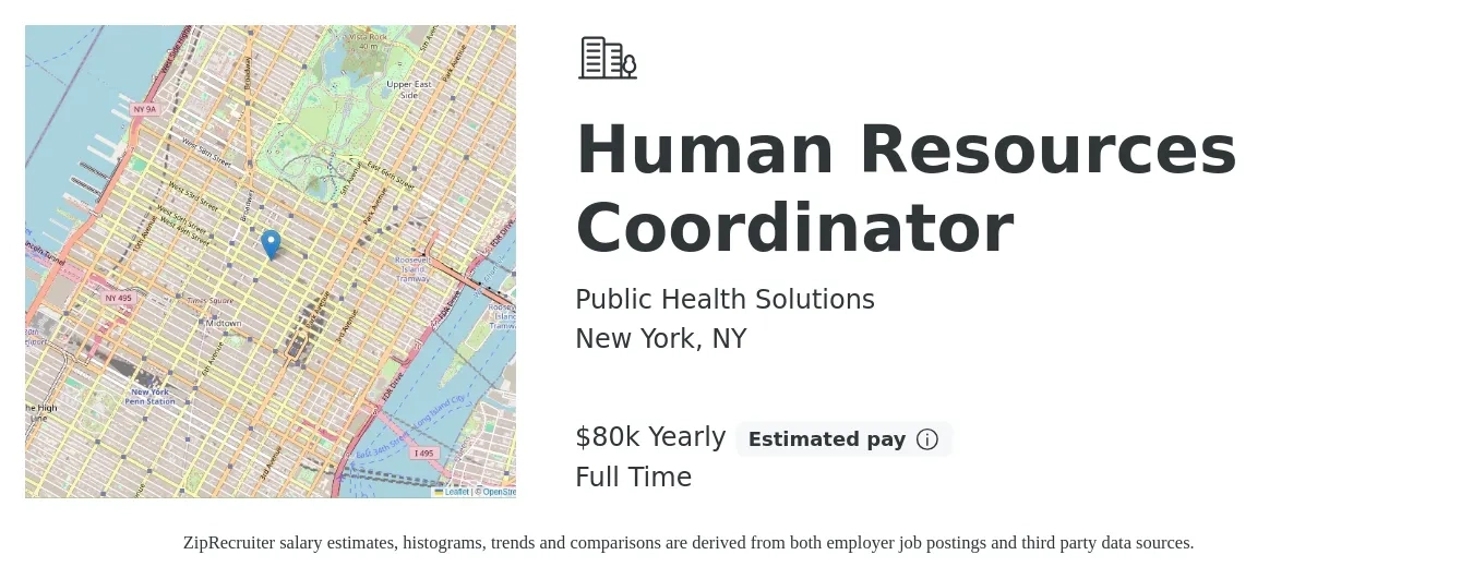 Public Health Solutions job posting for a Human Resources Coordinator in New York, NY with a salary of $80,000 Yearly with a map of New York location.