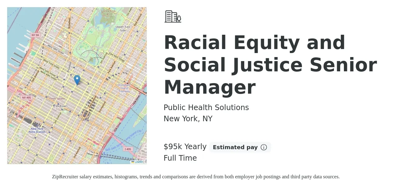 Public Health Solutions job posting for a Racial Equity and Social Justice Senior Manager in New York, NY with a salary of $95,000 Yearly with a map of New York location.