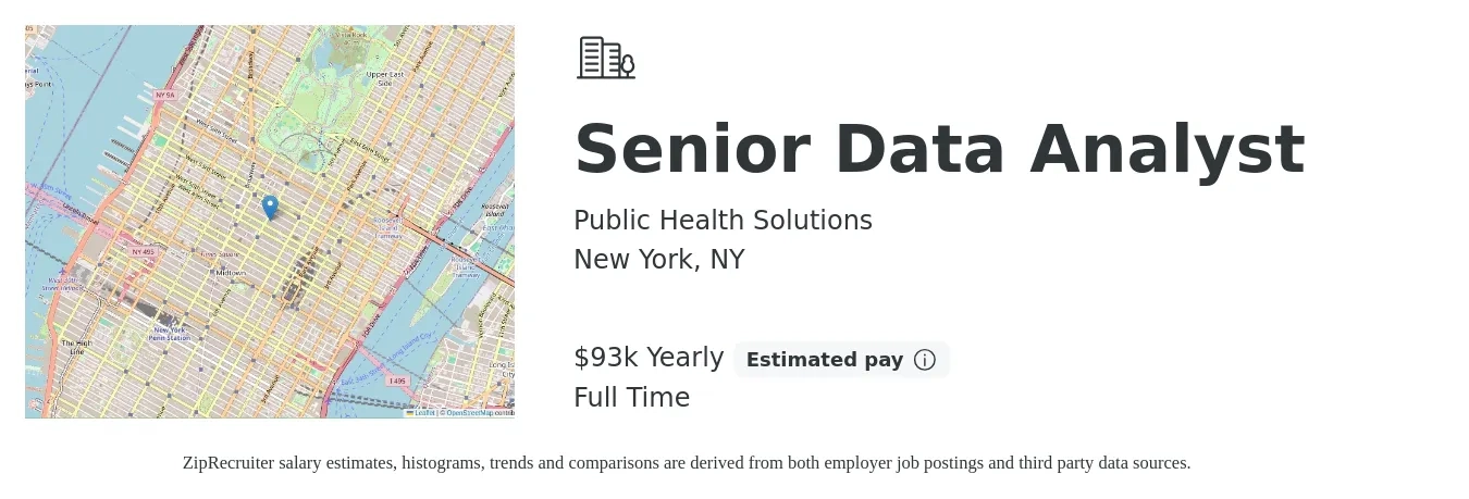 Public Health Solutions job posting for a Senior Data Analyst in New York, NY with a salary of $93,000 Yearly with a map of New York location.