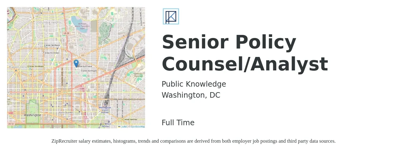 Public Knowledge job posting for a Senior Policy Counsel/Analyst in Washington, DC with a salary of $90,000 to $110,000 Yearly with a map of Washington location.