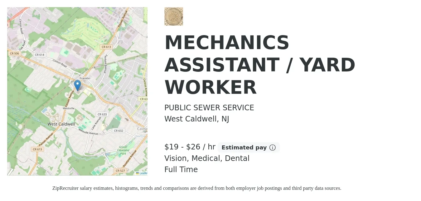 PUBLIC SEWER SERVICE job posting for a MECHANICS ASSISTANT / YARD WORKER in West Caldwell, NJ with a salary of $20 to $28 Hourly and benefits including dental, medical, retirement, and vision with a map of West Caldwell location.