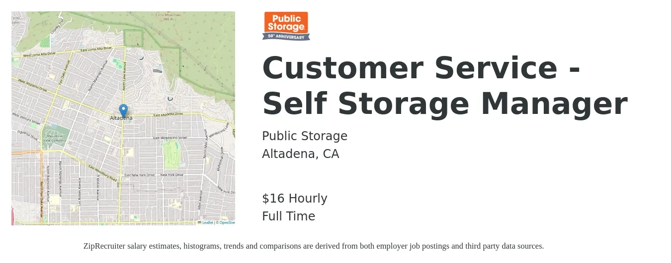 Public Storage job posting for a Customer Service - Self Storage Manager in Altadena, CA with a salary of $17 Hourly with a map of Altadena location.