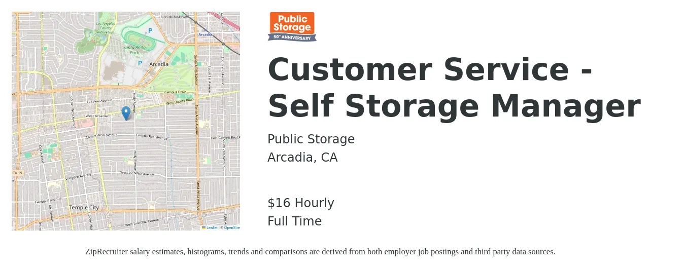 Public Storage job posting for a Customer Service - Self Storage Manager in Arcadia, CA with a salary of $17 Hourly with a map of Arcadia location.