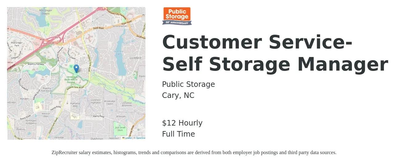 Public Storage job posting for a Customer Service-Self Storage Manager in Cary, NC with a salary of $13 Hourly with a map of Cary location.