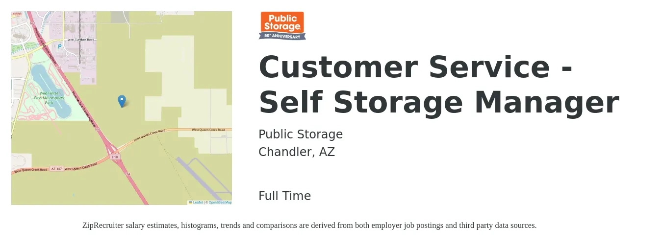 Public Storage job posting for a Customer Service - Self Storage Manager in Chandler, AZ with a salary of $16 Hourly with a map of Chandler location.