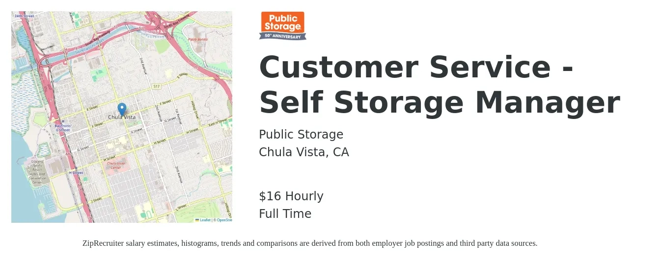 Public Storage job posting for a Customer Service - Self Storage Manager in Chula Vista, CA with a salary of $17 Hourly with a map of Chula Vista location.