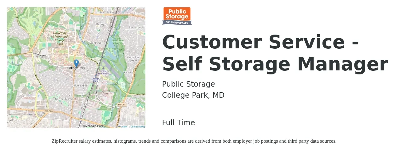 Public Storage job posting for a Customer Service - Self Storage Manager in College Park, MD with a salary of $17 Hourly with a map of College Park location.