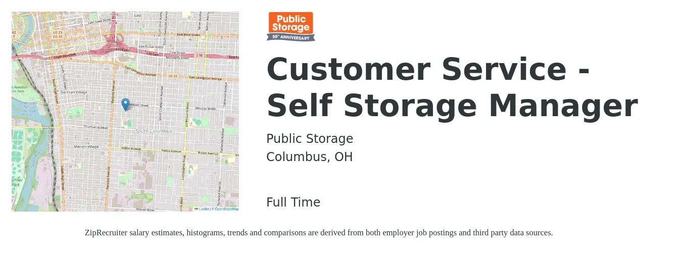 Public Storage job posting for a Customer Service - Self Storage Manager in Columbus, OH with a salary of $14 Hourly with a map of Columbus location.