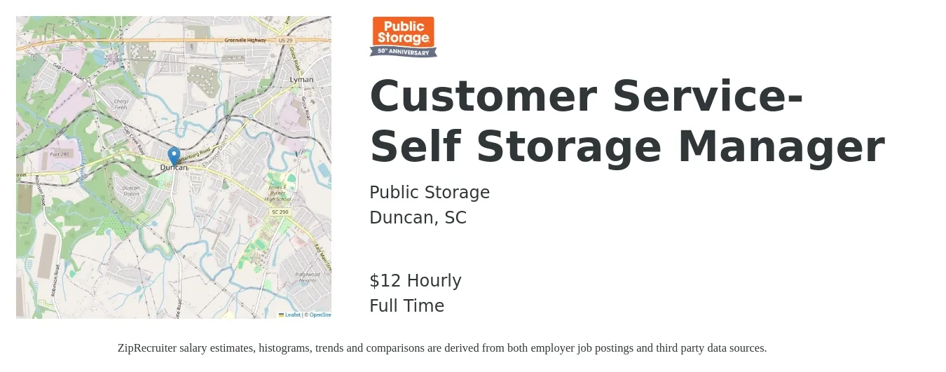 Public Storage job posting for a Customer Service-Self Storage Manager in Duncan, SC with a salary of $13 Hourly with a map of Duncan location.