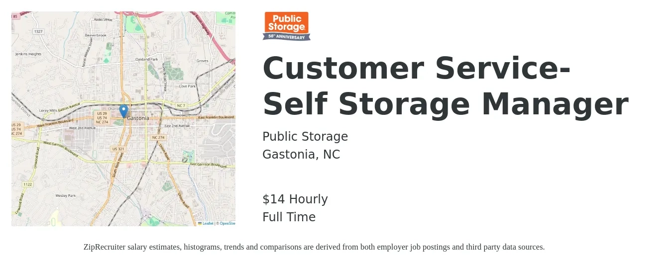 Public Storage job posting for a Customer Service-Self Storage Manager in Gastonia, NC with a salary of $15 Hourly with a map of Gastonia location.