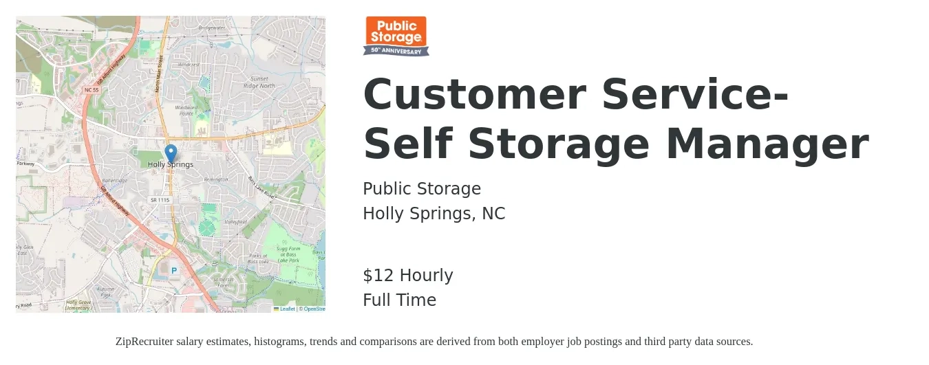 Public Storage job posting for a Customer Service-Self Storage Manager in Holly Springs, NC with a salary of $13 Hourly with a map of Holly Springs location.