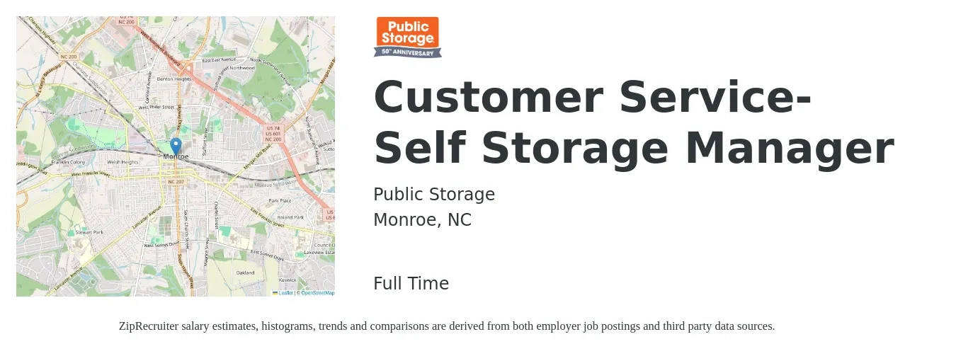 Public Storage job posting for a Customer Service-Self Storage Manager in Monroe, NC with a salary of $15 Hourly with a map of Monroe location.