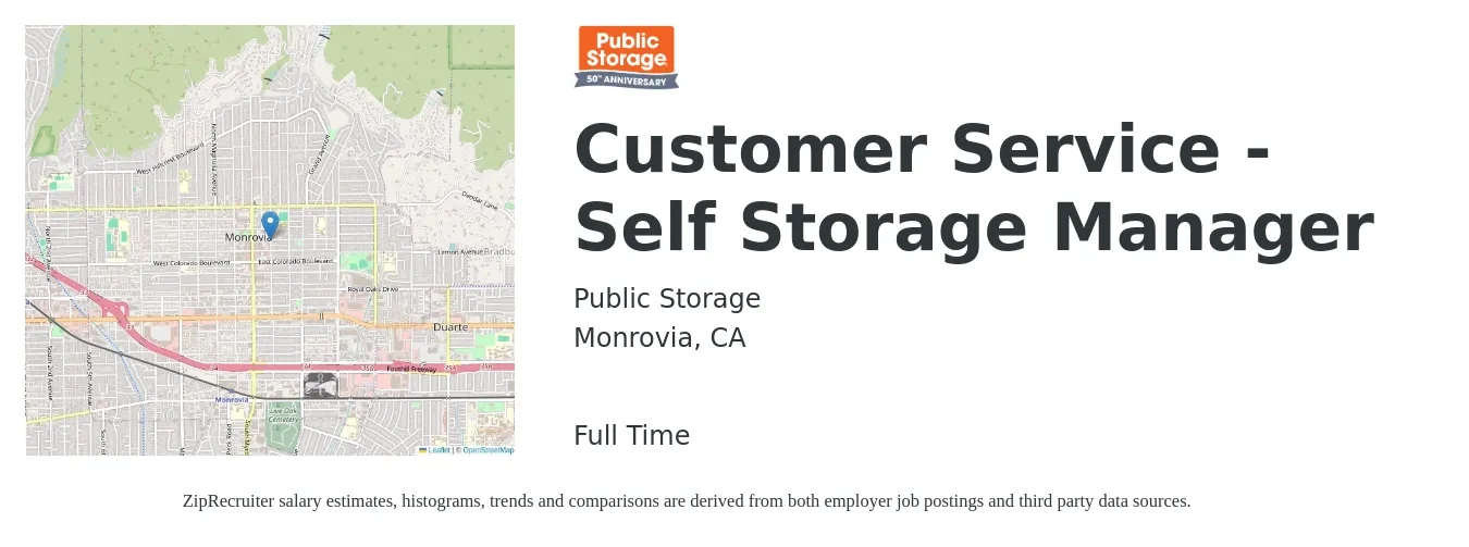 Public Storage job posting for a Customer Service - Self Storage Manager in Monrovia, CA with a salary of $17 Hourly with a map of Monrovia location.