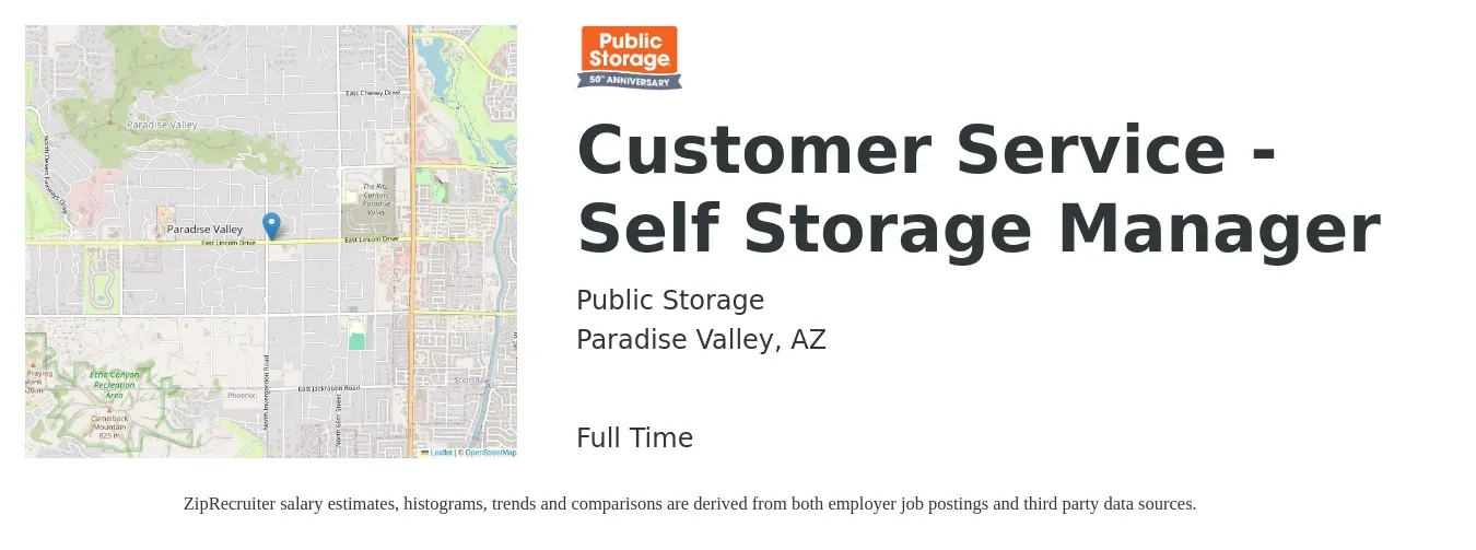 Public Storage job posting for a Customer Service - Self Storage Manager in Paradise Valley, AZ with a salary of $16 Hourly with a map of Paradise Valley location.