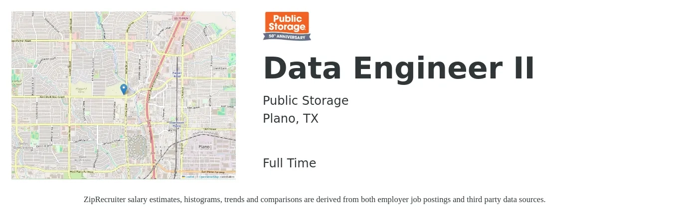 Public Storage job posting for a Data Engineer II in Plano, TX with a salary of $127,800 to $162,700 Yearly with a map of Plano location.